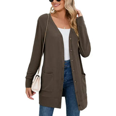 SHOWMALL Women's Long Sleeve Open Front Cardigan Button Down Apricot M Ribbed Lightweight Knit Outerwear with Pocket