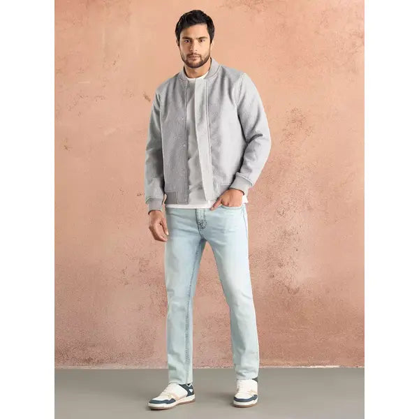 Plain Felt Zip Through Bomber Jacket - Gray