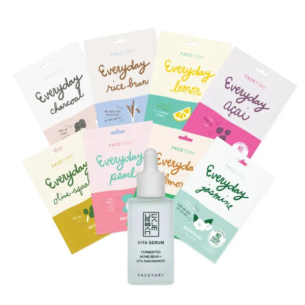 FACETORY Everyday Set of 8 Sheet Masks and Urban Calm Vita Serum Bundle Brightening and Hydrating Skincare for All Skin Types