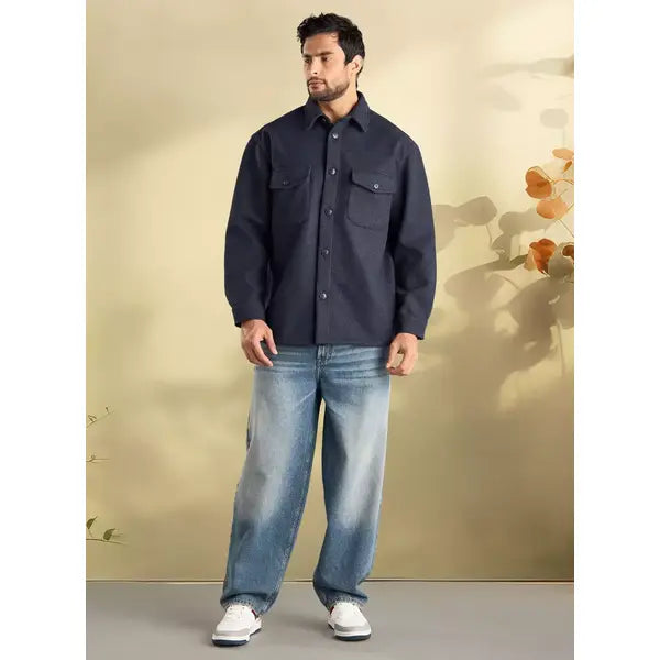 Plain Felt Shacket with Pockets - Blue