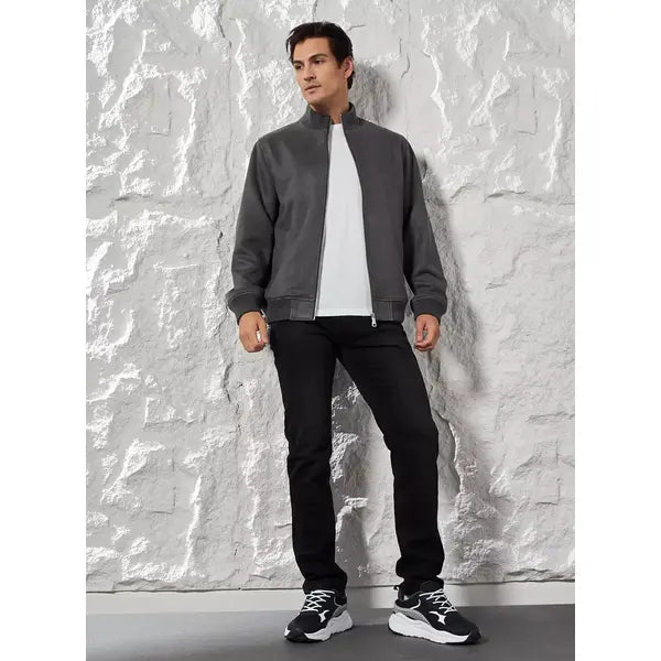 Suede High Neck Zip Through Jacket - Gray