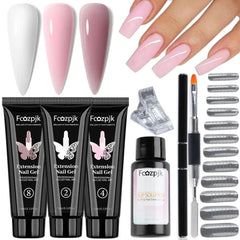 Fcozpjk Poly Extension Gel Nail Kit with Slip Solution Dual Nail Form Brush Clear White Nide Pink Poly Nail Gel with Clips for Poly Gel Brush Pen Starter Kit for Home Manicure Set