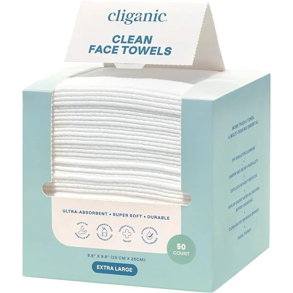 Cliganic Clean Face Towels XL – Disposable Dry Face Wipes, Ultra-Absorbent, Hypoallergenic & Soft Makeup Remover Towelettes for All Skin Types – Hygienic, Lint-Free Facial Towels (50, 100 & 200 Count Packs)
