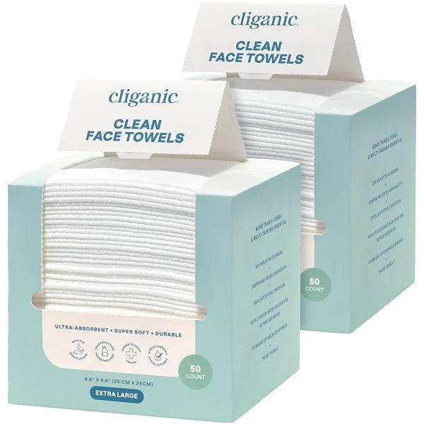 Cliganic Clean Face Towels XL – Disposable Dry Face Wipes, Ultra-Absorbent, Hypoallergenic & Soft Makeup Remover Towelettes for All Skin Types – Hygienic, Lint-Free Facial Towels (50, 100 & 200 Count Packs)