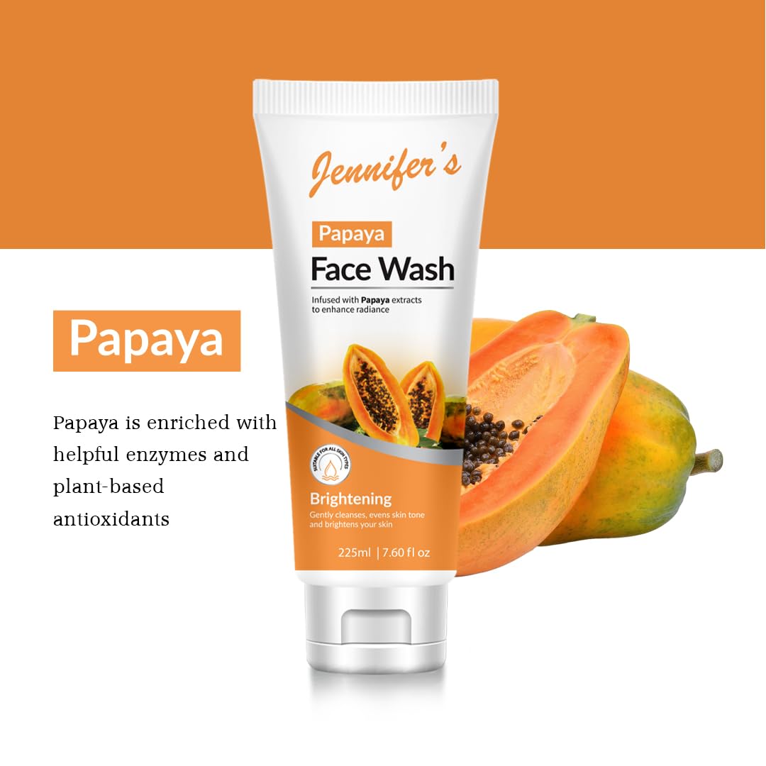 Jennifer's Face Wash Papaya 225 ML - Brightening, Papaya Extract Infused, Gentle Cleansers, Even Skin Tone, For All Skin Types