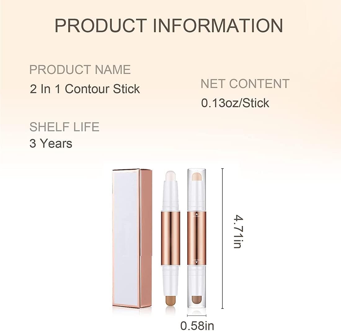 Excefore Highlight Contour Stick, Dual-End Makeup Shading Stick, 4 Colors Face Concealer Pen, Long Lasting & Waterproof Contour Sticks Kit, Brighten Facial Shade for Body Face 2PCS