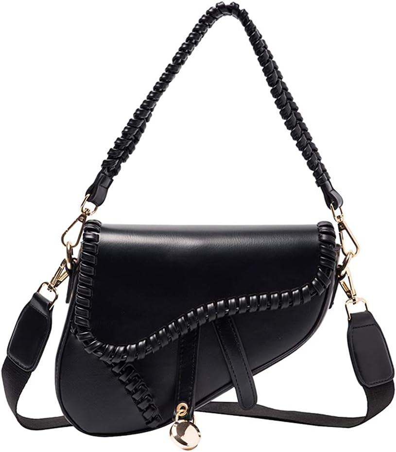 PURFANREE Women Trendy Saddle Shoulder Bag Clutch Purse Underarm Handbag Satchel HandBag Crossbody Bag - Black
