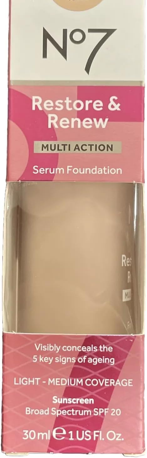 No7 Restore & Renew Multi Action Serum Foundation - Porcelain - Liquid Foundation Makeup with Vitamin C, Vitamin E & Collagen for Face - Beauty Skin Serum Formula with Medium Coverage (30ml)