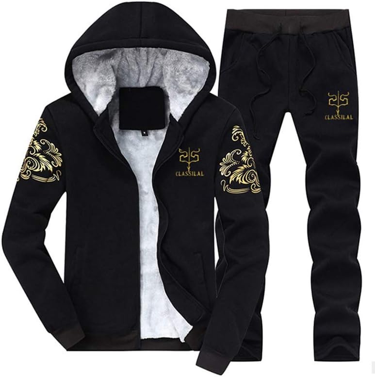 PASOK Men's Casual Tracksuit Full Zip Running Jogging Athletic Sports Jacket and Pants Set -Thicken Black