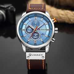 CURREN Mens Water Resistant Sport Chronograph Watches Military Multifunction Leather Quartz Wrist Watches (Silver Blue), silver blue, Chronograph,Quartz Movement