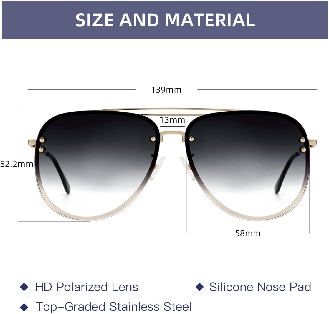 VIVIENFANG Premium Rimless Oversized Aviator Sunglasses for Women, Polarized PC Lens UV Protection Womens Shade VF2203
