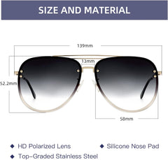 VIVIENFANG Premium Rimless Oversized Aviator Sunglasses for Women, Polarized PC Lens UV Protection Womens Shade VF2203