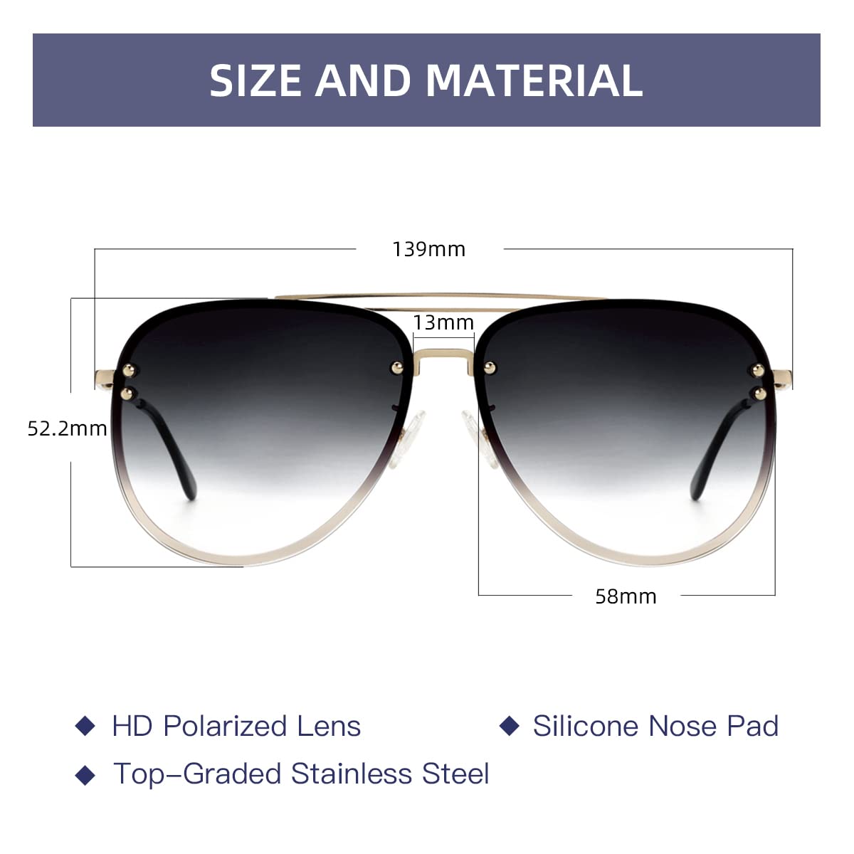 VIVIENFANG Premium Rimless Oversized Aviator Sunglasses for Women, Polarized PC Lens UV Protection Womens Shade VF2203
