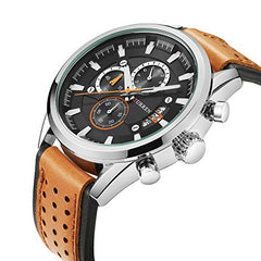 Curren 8290 Leather Round Analog-Chrono With Date Display Brown, Silver Watch for Men
