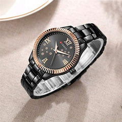 CURREN Women's Watch, Ladies, Shiny Analogue Bracelet, Case with Zirconia, Elegant, Casual with Metal Extendable, Butterfly Brooch, Black, M, casual