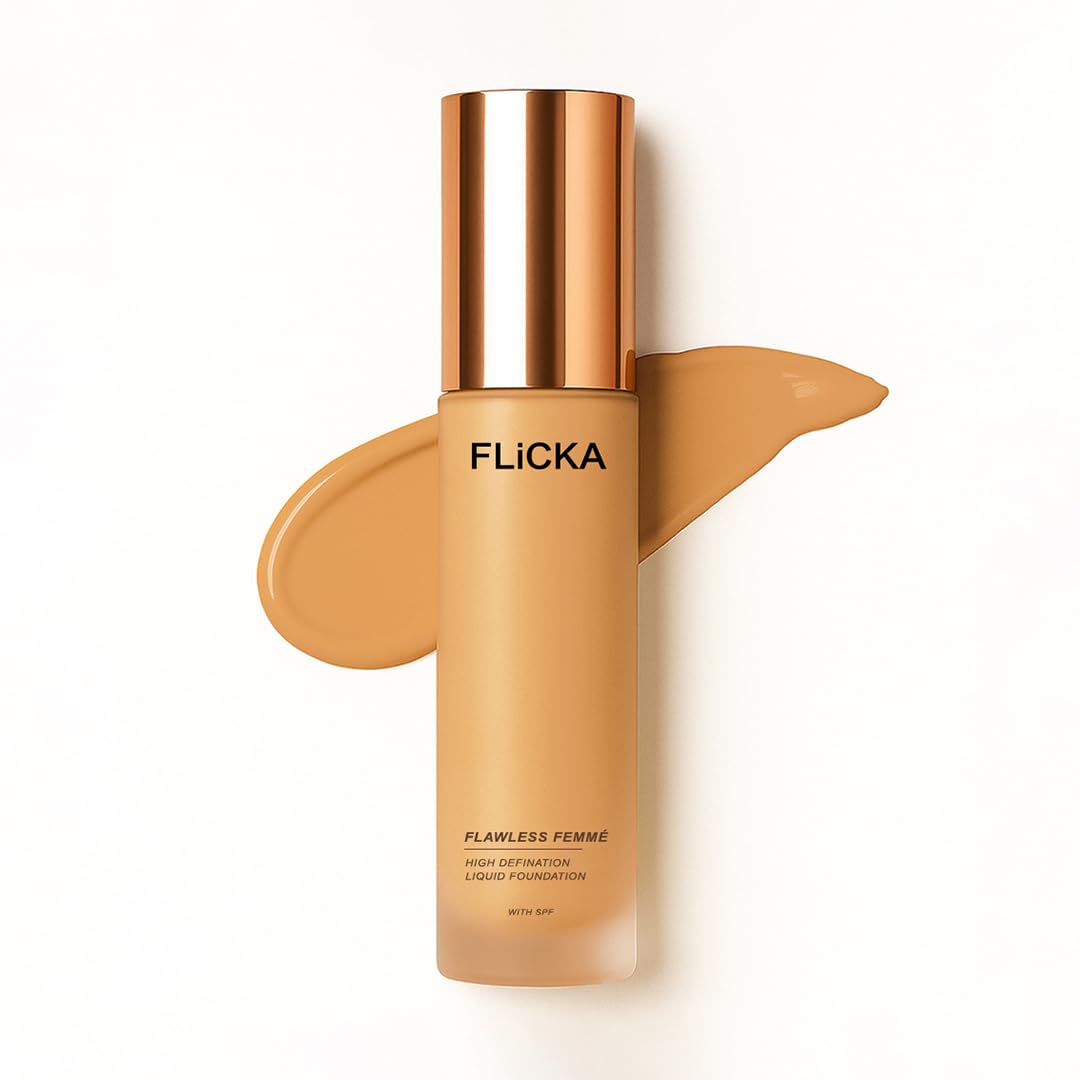 FLiCKA Flawless Femme Liquid Foundation for Face Makeup 30ml | Medium to High Coverage, Buildable | Natural, Waterproof & Moisturizing | All Skin Types | 08 Coffee