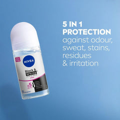 NIVEA Black & White Invisible Antiperspirant Roll-On Deodorant for Women, Clear, 72H Active Protection, 5IN1, Anti-Odour, Sweat, Stains, Residues & Irritation, 50ml