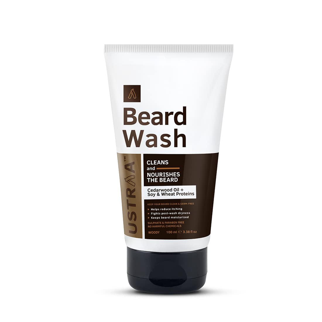 Ustraa Beard Wash Woody - 60 ml - Sulphate-Free Beard Wash, Thick Foam, No Post-wash Dryness, Beard Shampoo for Germ-Free Beard