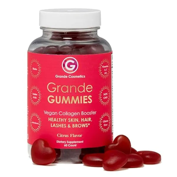 Grande Cosmetics Vegan Collagen Hair Vitamin Gummies with Biotin, Folic Acid & Vitamin C for Healthier Looking Hair, Skin, Lashes & Brows Citrus Flavor (60 Gummies, 1 Month Supply)
