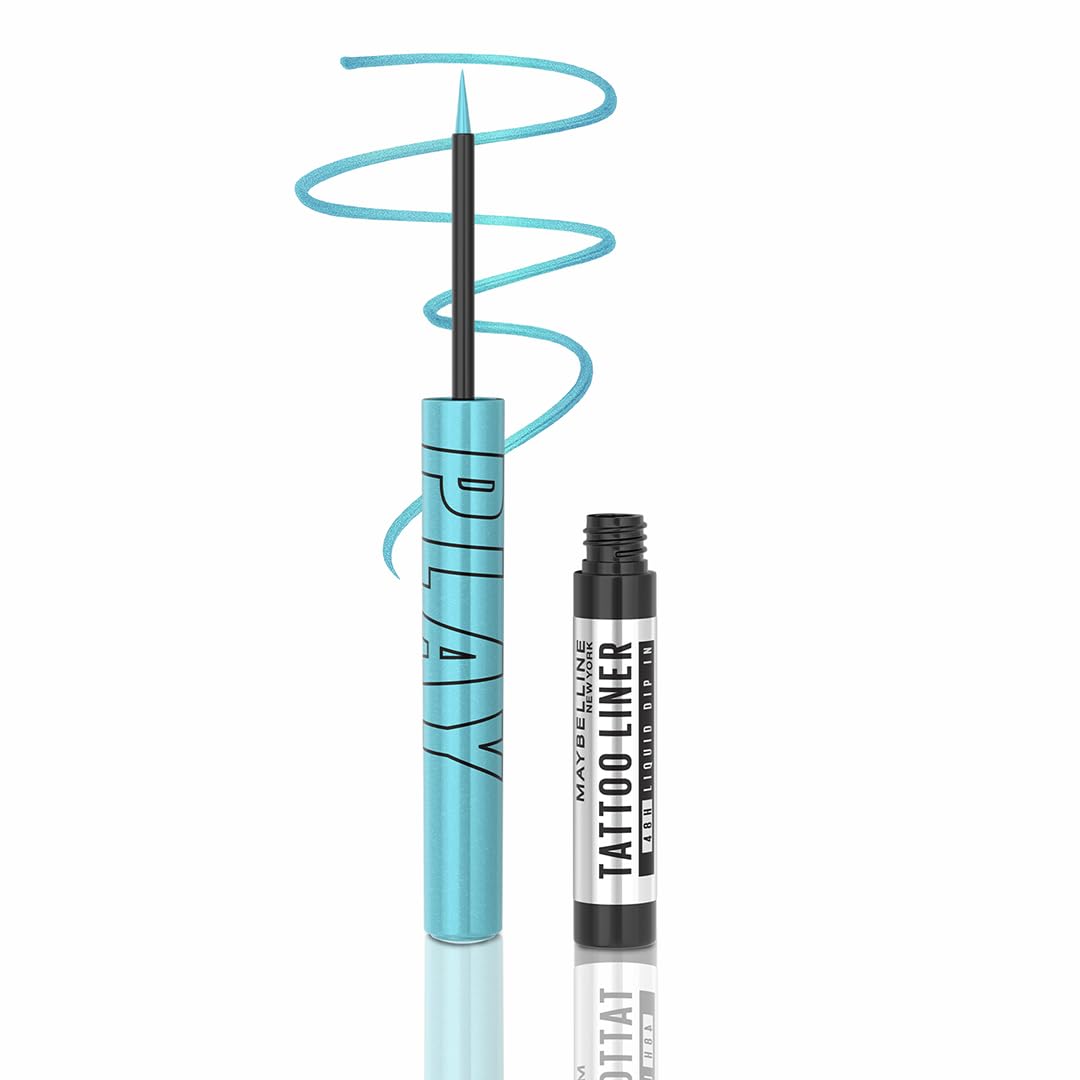 Maybelline New York Tattoo Play Light Blue Liquid Eyeliner - Longwear Waterproof Eyeliner - Metallic Finish, Ride, 2.1ml
