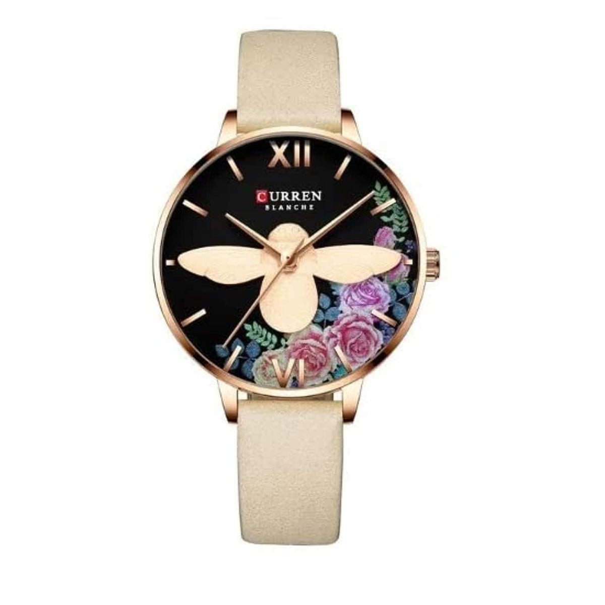 CURREN Ladies Analog Watch Stainless Steel Rose Gold Case Bee & Floral Design Dial Beige Leather Strap