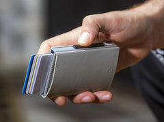 OGON Automatic Leather wallet Cascade Slim - Compact aluminum RFID blocking card holder - Up to 8 cards and banknotes - Blaster