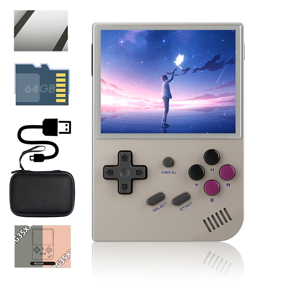 CredevZone RG35XX Handheld Game Console 3.5 inch IPS Retro Games Consoles Classic Emulator Hand-held Gaming Console Preinstalled Hand Held Video Games System with Portable Case 64GB Retro Gray