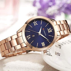 CURREN Ladies Analog Watch Rose Gold Stainless Steel Case Blue Dial Rose Gold Stainless Steel Bracelet