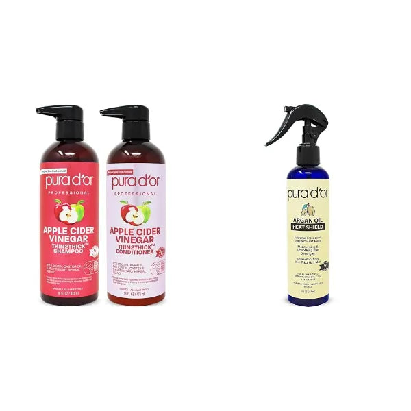 PURA D'OR Apple Cider Vinegar Thin2Thick Set (16oz x 2) ACV Shampoo & Conditioner & Argan Oil Heat Shield Protectant Spray (8oz) Water Based Formula