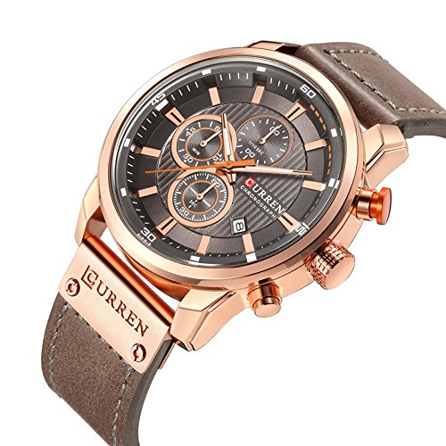 CURREN Men Leather Strap Military Watches Men's Chronograph Waterproof Sport Wrist Date Quartz Wristwatch Gifts, gold gray, Chronograph,Quartz Movement