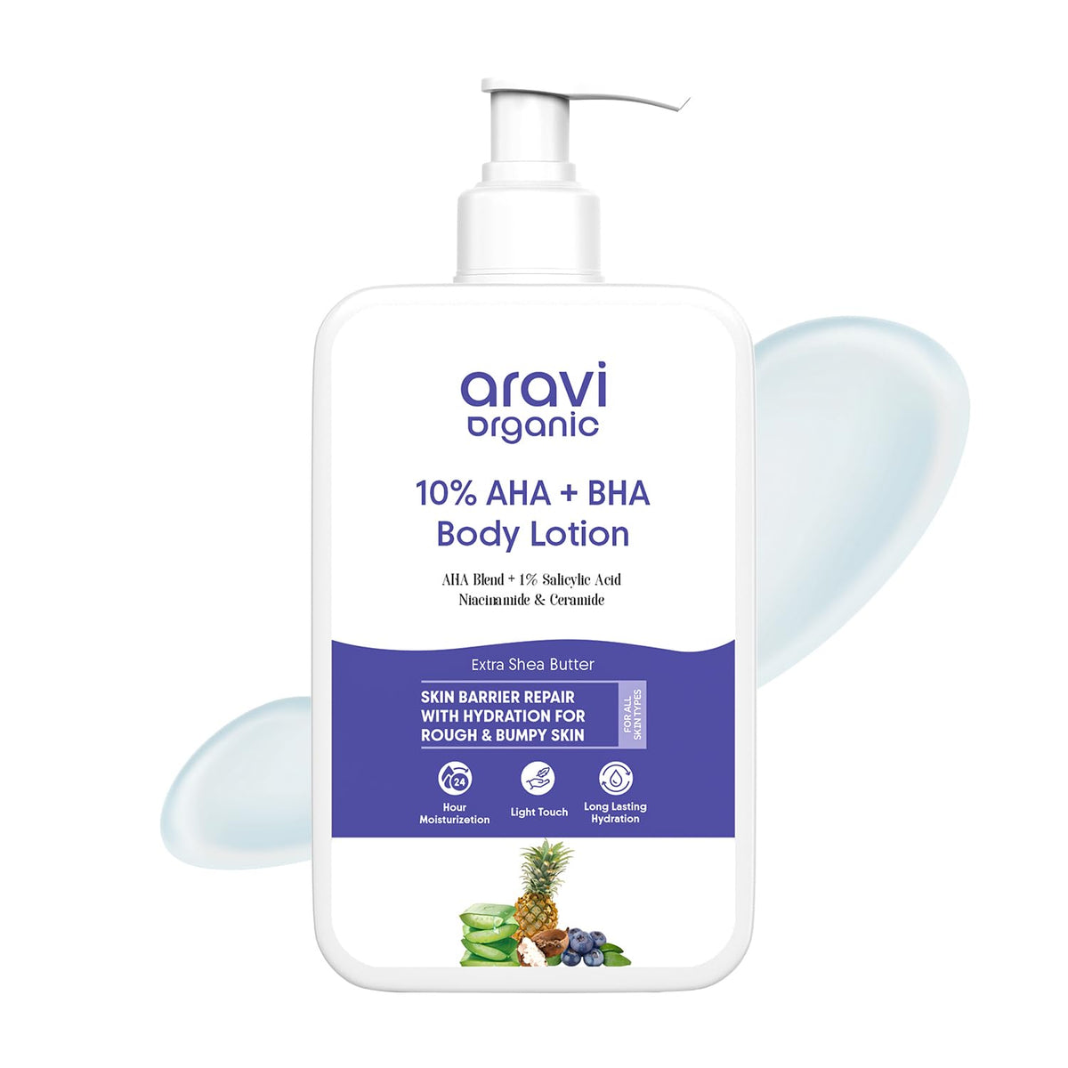 Aravi Organic 10% AHA + 1% BHA Body Lotion For Exfoliation - Treats Strawberry Legs & Bumpy Skin With Ceramide - Skin Brightening Lotion With Niacinamide and Shea Butter - 200 ml