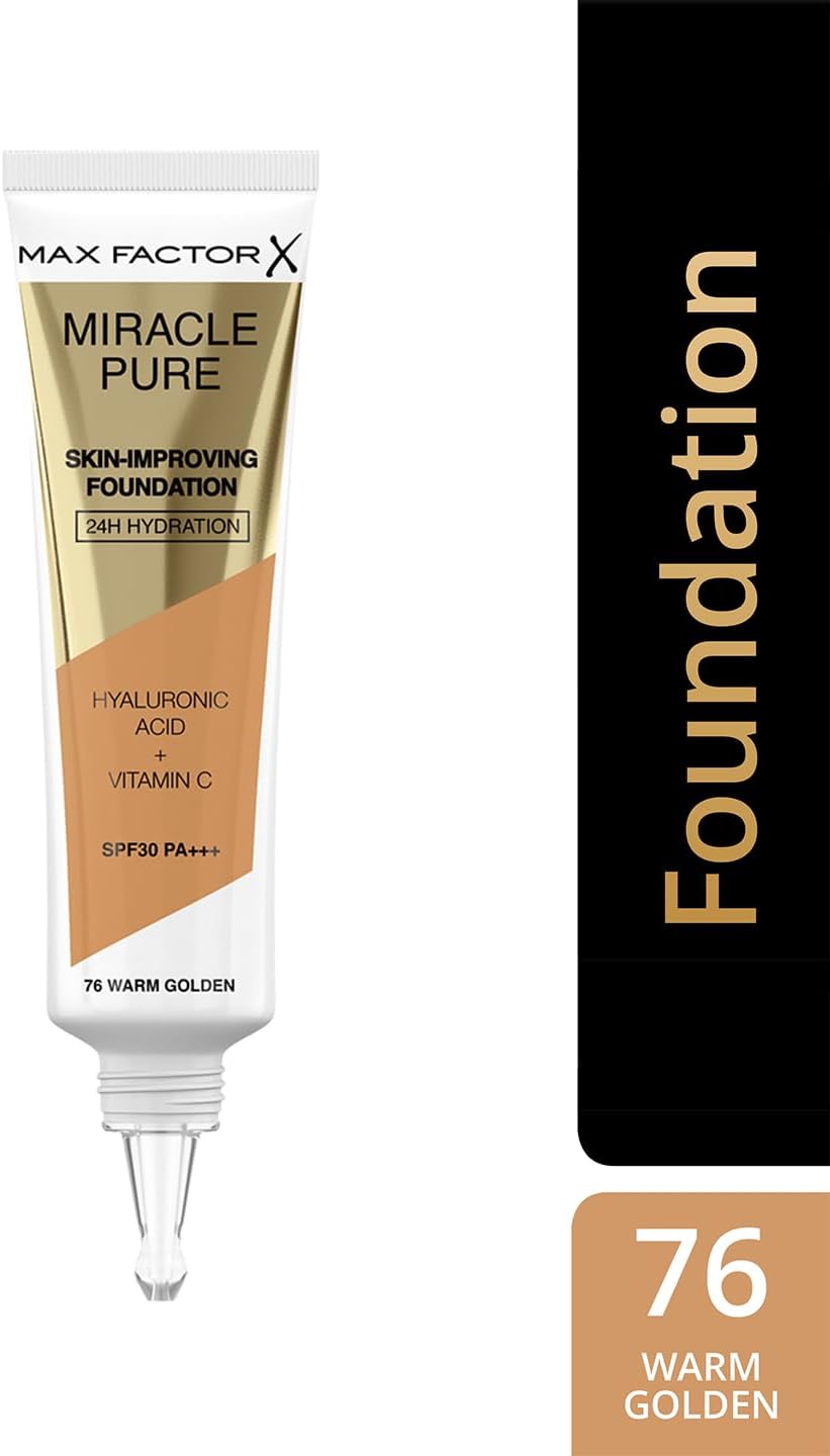 Max Factor Miracle Pure Skin-Improving Foundation - With Vitamin C & Hyaluronic Acid - 24-hr Hydration - Clinically Proven Radiance, Firmness, Elasticity, Density & Suppleness - 76 Warm Golden