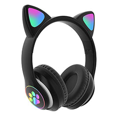 Bluetooth Wireless Over-Ear Cat Ear Headphones, Foldable Stereo, with Microphone/RGB LED Light Up, for Kids Teens Adults (Black)