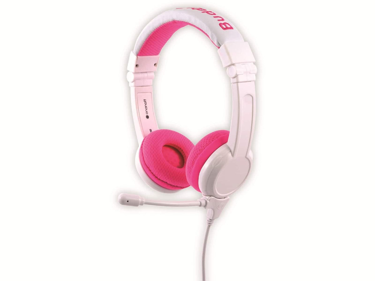 BuddyPhones School Plus Headphones - Safe Volume Level for Kids, Foldable and Adjustable, with Detachable 3.5mm Jack and High-Performance Beamforming Microphone, Ideal for Home and Online Study, Extremely Durable - Pink