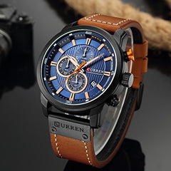 CURREN Men Leather Strap Military Watches Men's Chronograph Waterproof Sport Wrist Date Quartz Wristwatch Gifts, black blue, Chronograph,Quartz Movement - Brown