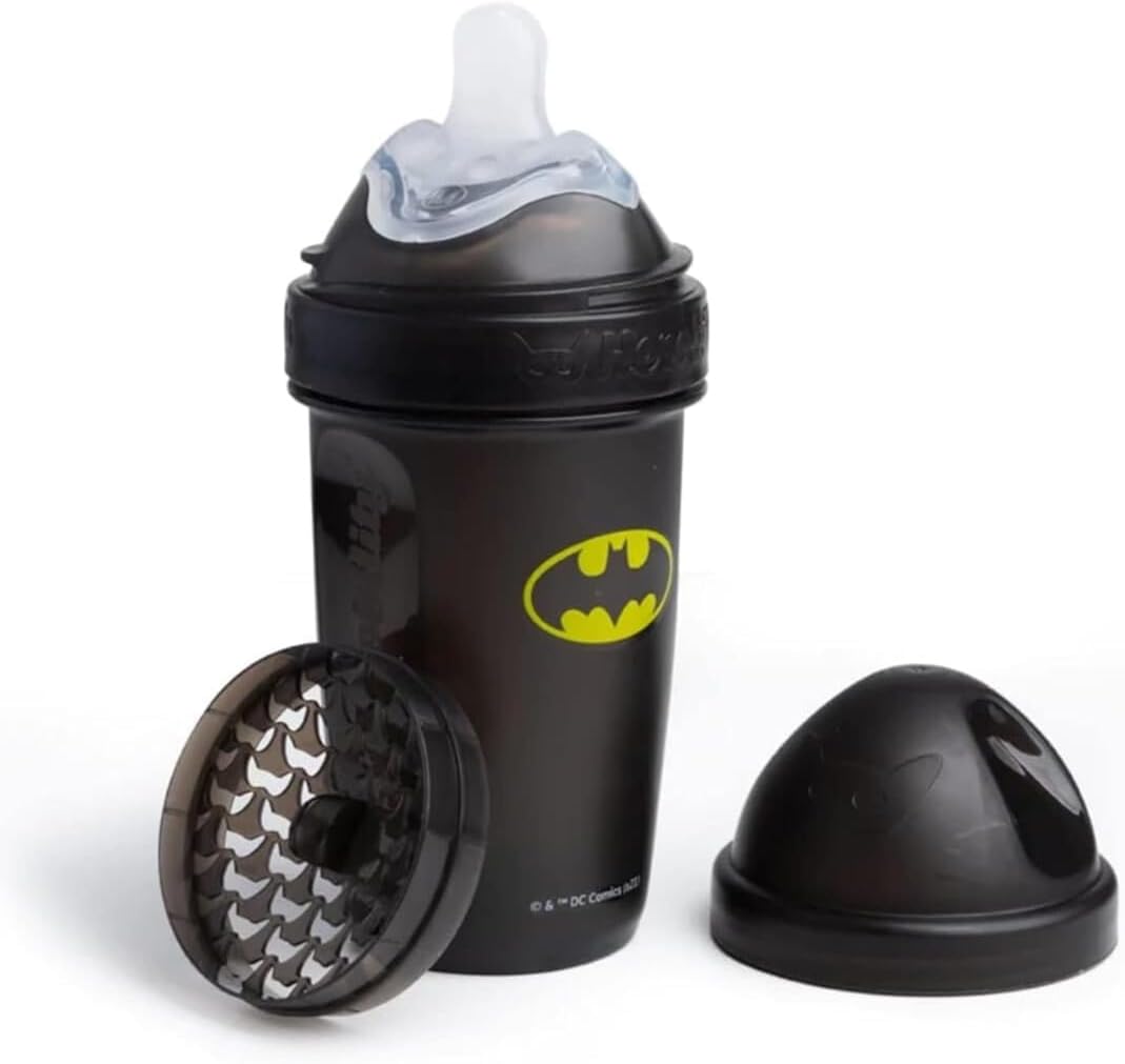 Herobility DC Batman Double Anti-Colic Baby Bottle | Award-Winning Hero Baby Bottles | Soft Breast- Like Teat, Easy Mixing Lid & Net | 240ml/8.5 fl oz
