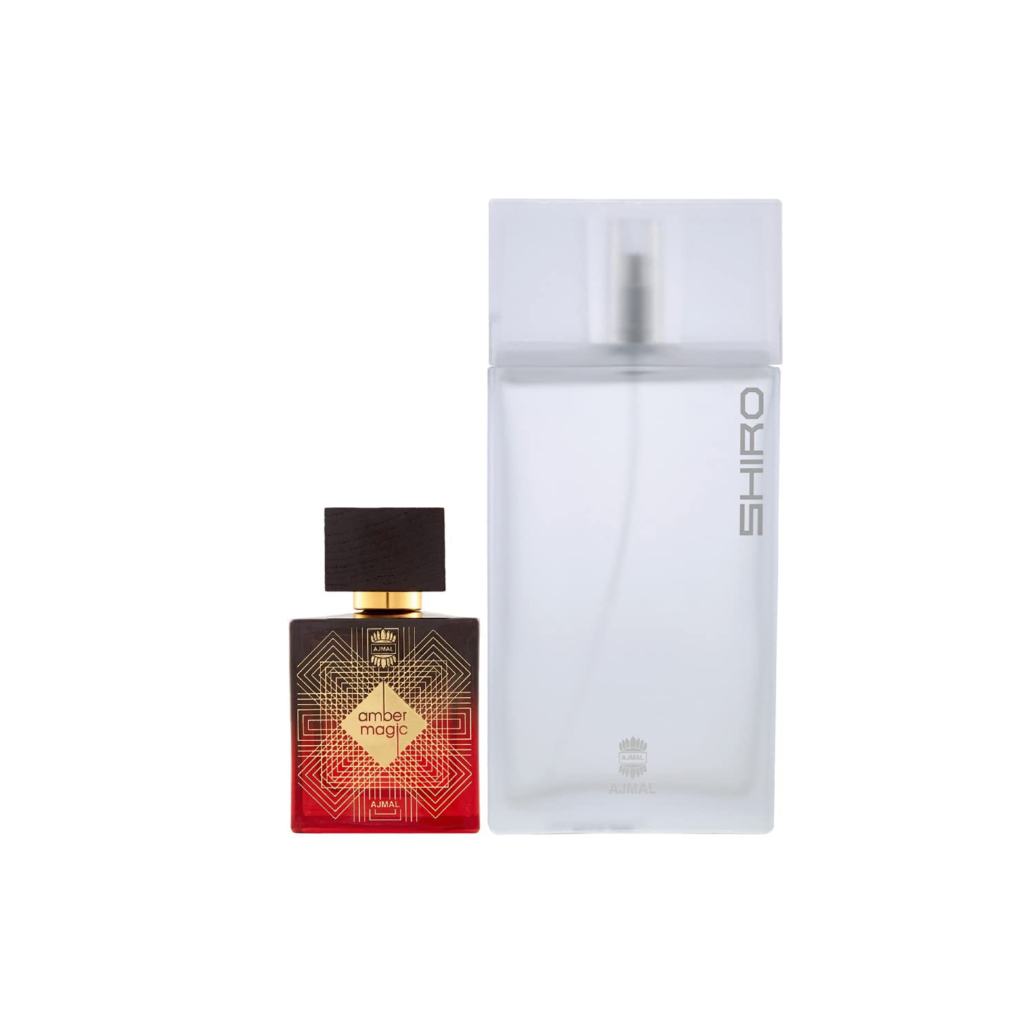 Ajmal Amber Magic EDP Spicy Aromatic Perfume 100ml for Men and Shiro EDP Citrus Spicy Perfume 90ml for Men + 2 Parfum Testers FREE