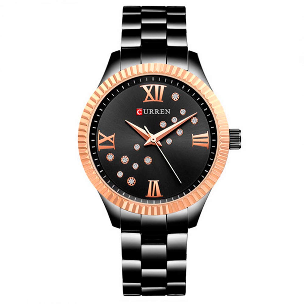 CURREN Women's Watch, Ladies, Shiny Analogue Bracelet, Case with Zirconia, Elegant, Casual with Metal Extendable, Butterfly Brooch, Black, M, casual