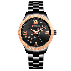 CURREN Women's Watch, Ladies, Shiny Analogue Bracelet, Case with Zirconia, Elegant, Casual with Metal Extendable, Butterfly Brooch, Black, M, casual