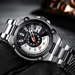 CURREN Men's Wrist Watch, Analogue, Exclusive, Modern, Elegant, Formal, Work, with Rotating Time Circle, Stainless Steel, Adjustable, Butterfly Safety Brooch, Silver, M, formal
