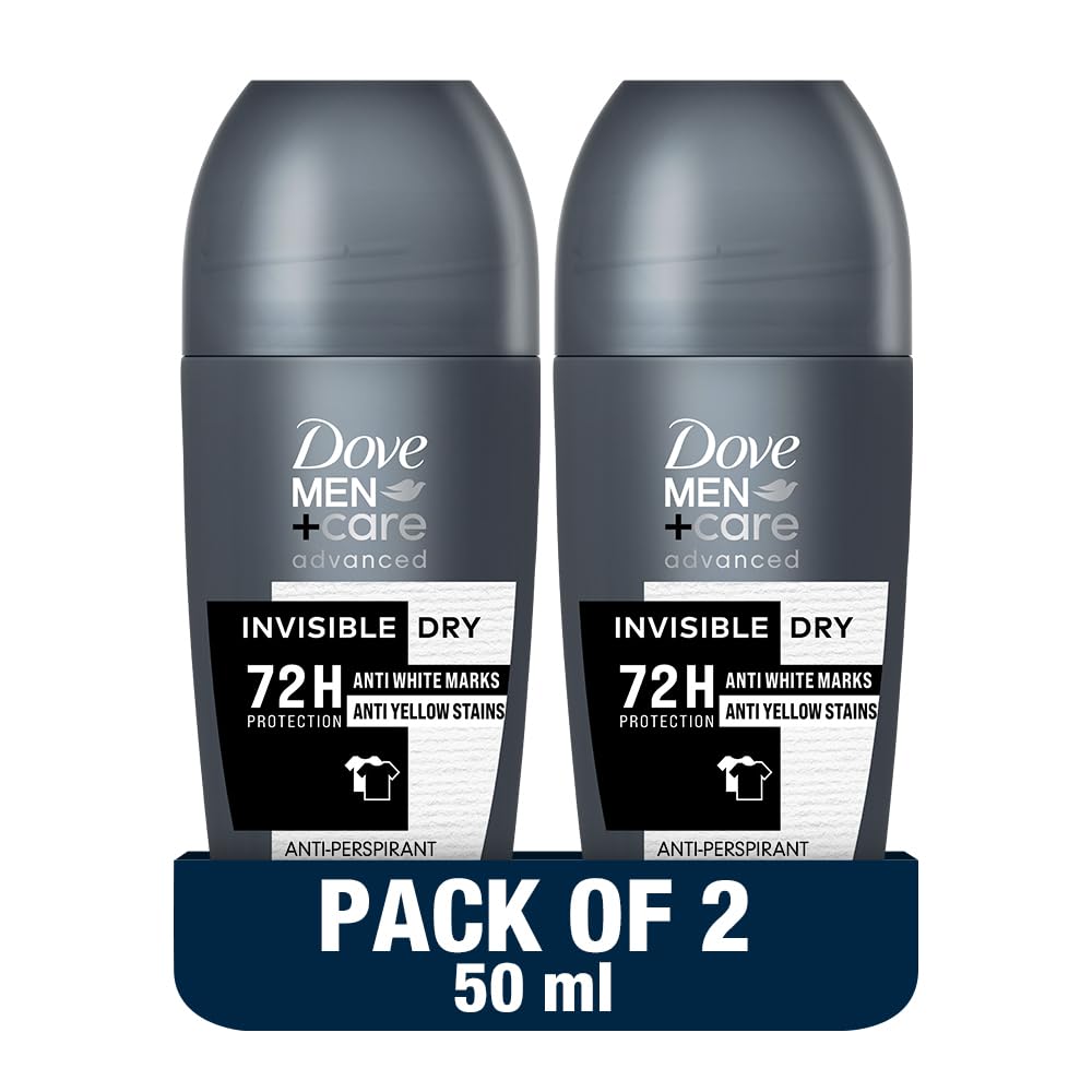 Dove Men+ Care Advanced Antiperspirant Roll-On Deodorant, Invisible Dry, Moisturizer & 72H Protection, Anti-White Marks and Yellow Stains, 50ml (Pack of 2)