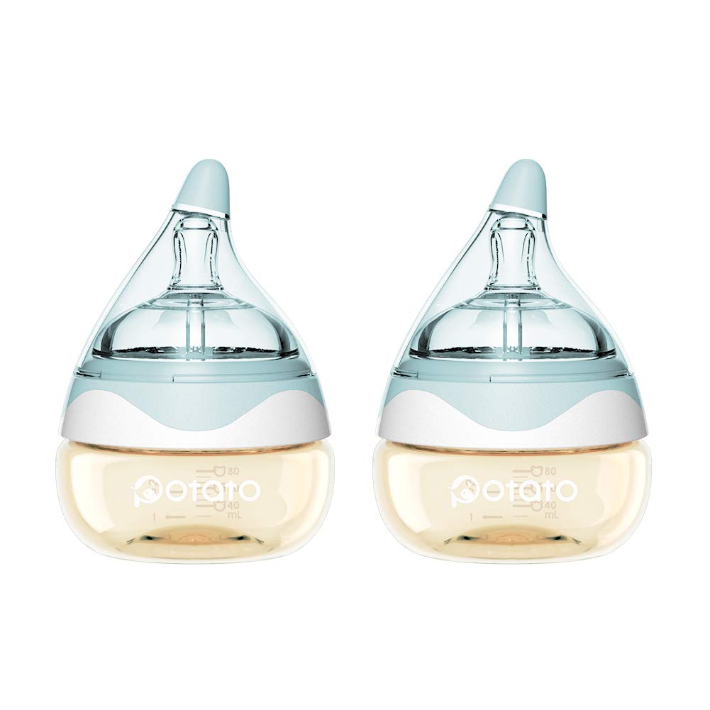 POTATO Breast Milk Baby Bottles for Newborn Baby PPSU Anti Colic Infant Bottles Wide Neck Breast-Like Slow Flow Breastfeeding Toddler Bottles-2pack (2.5oz/pc Blue)