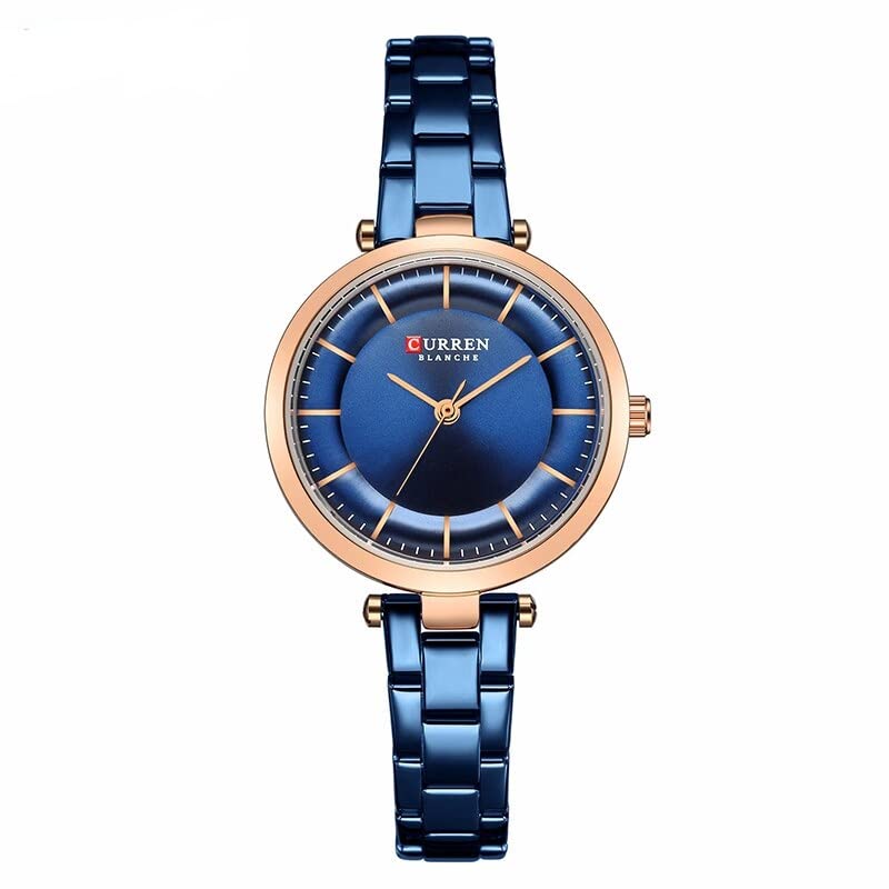 CURREN Ladies analog watch rose gold stainless steel case blue dial blue stainless steel bracelet