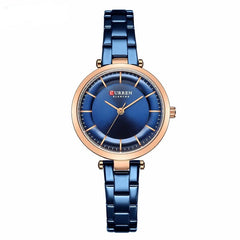 CURREN Ladies analog watch rose gold stainless steel case blue dial blue stainless steel bracelet
