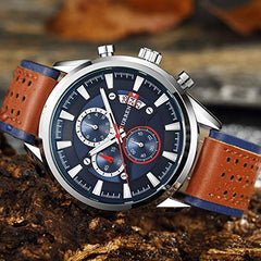 Curren 8290 Leather Round Analog-Chrono With Date Display Brown, Blue Watch for Men