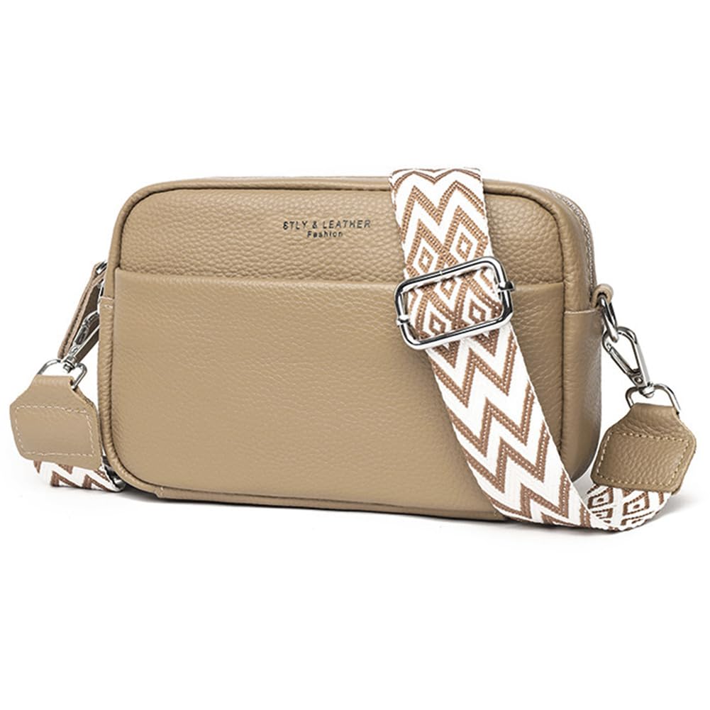 Efilra Small Crossbody Bag for Women, Genuine Leather Camera Bag Purse Crossbody, Women's Crossbody Handbag with Guitar Strap - Khaki