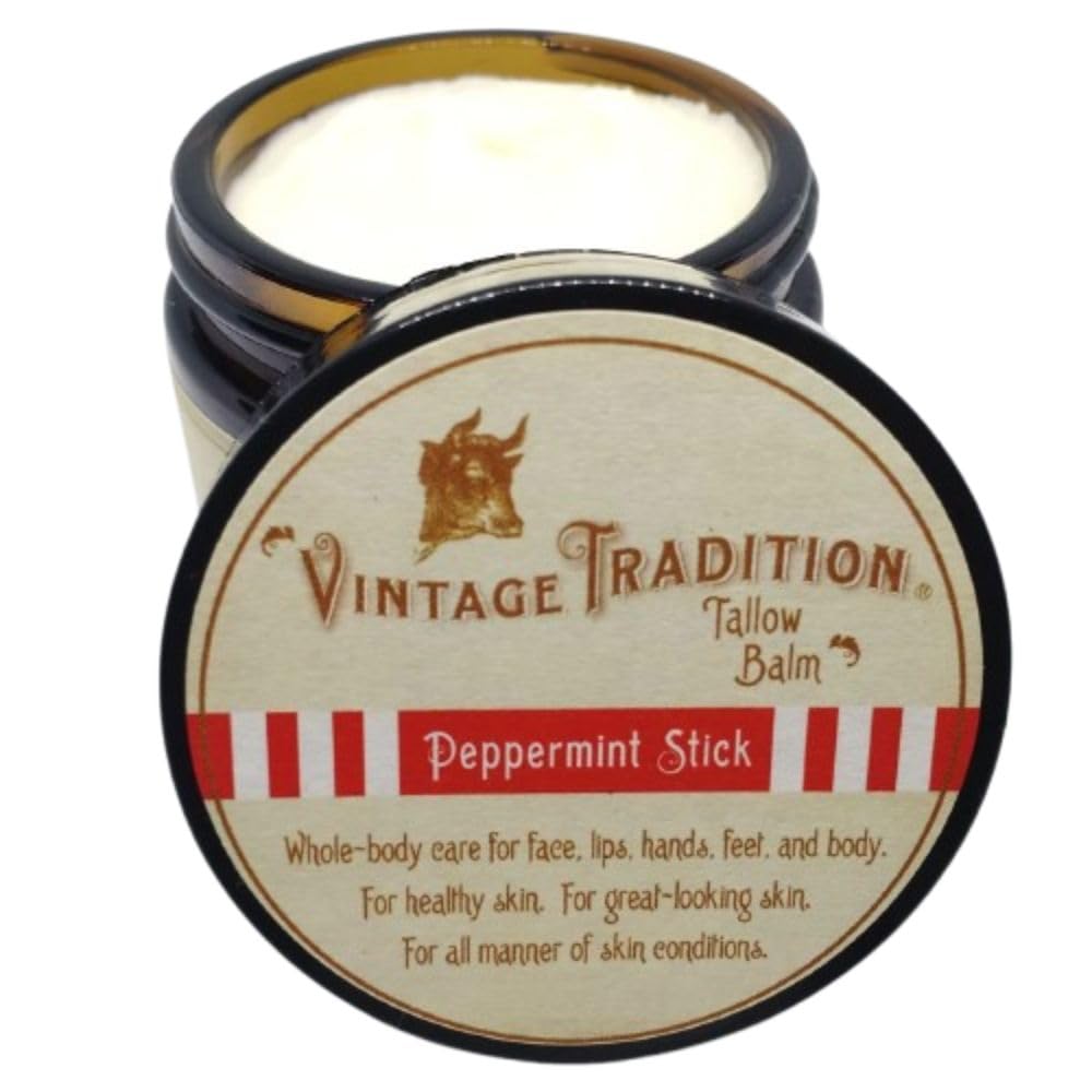 Vintage Tradition Beef Tallow All Purpose Balm – Healing, Hydrating Peppermint Oil Skin Care Salve Replaces Body Lotion, Hand Cream, More – Essential Oil, Olive Oil, and Grass-Fed Tallow , 2 fl. oz.