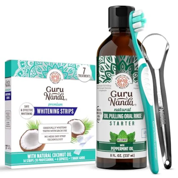 GuruNanda Coconut Oil Dental Care: Whitening Strips + Oil Pulling - Helps Brighten Teeth, Freshen Breath, Healthy Gums - 14 Strips + 8oz for Complete Oral Care