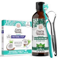 GuruNanda Coconut Oil Dental Care: Whitening Strips + Oil Pulling - Helps Brighten Teeth, Freshen Breath, Healthy Gums - 14 Strips + 8oz for Complete Oral Care