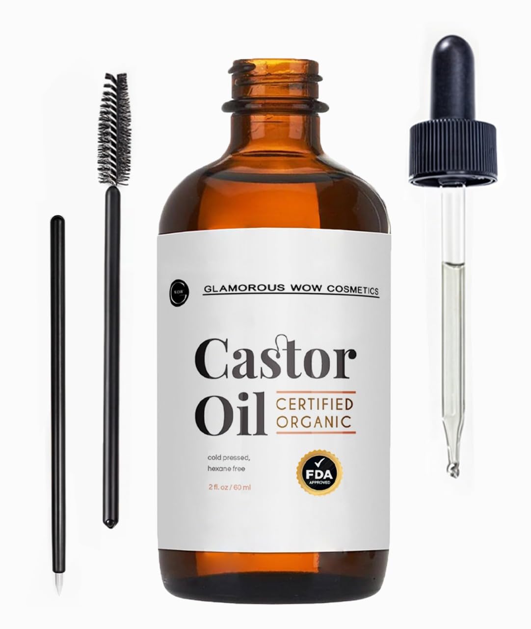 Castor Oil (2oz) FDA Certified Organic, 100% Pure, Hexane Free Stimulate Growth for Eyelashes, Eyebrows, Hair. Lash Growth Serum. Brow Treatment. FREE Mascara Starter Kit by Glamorous Wow